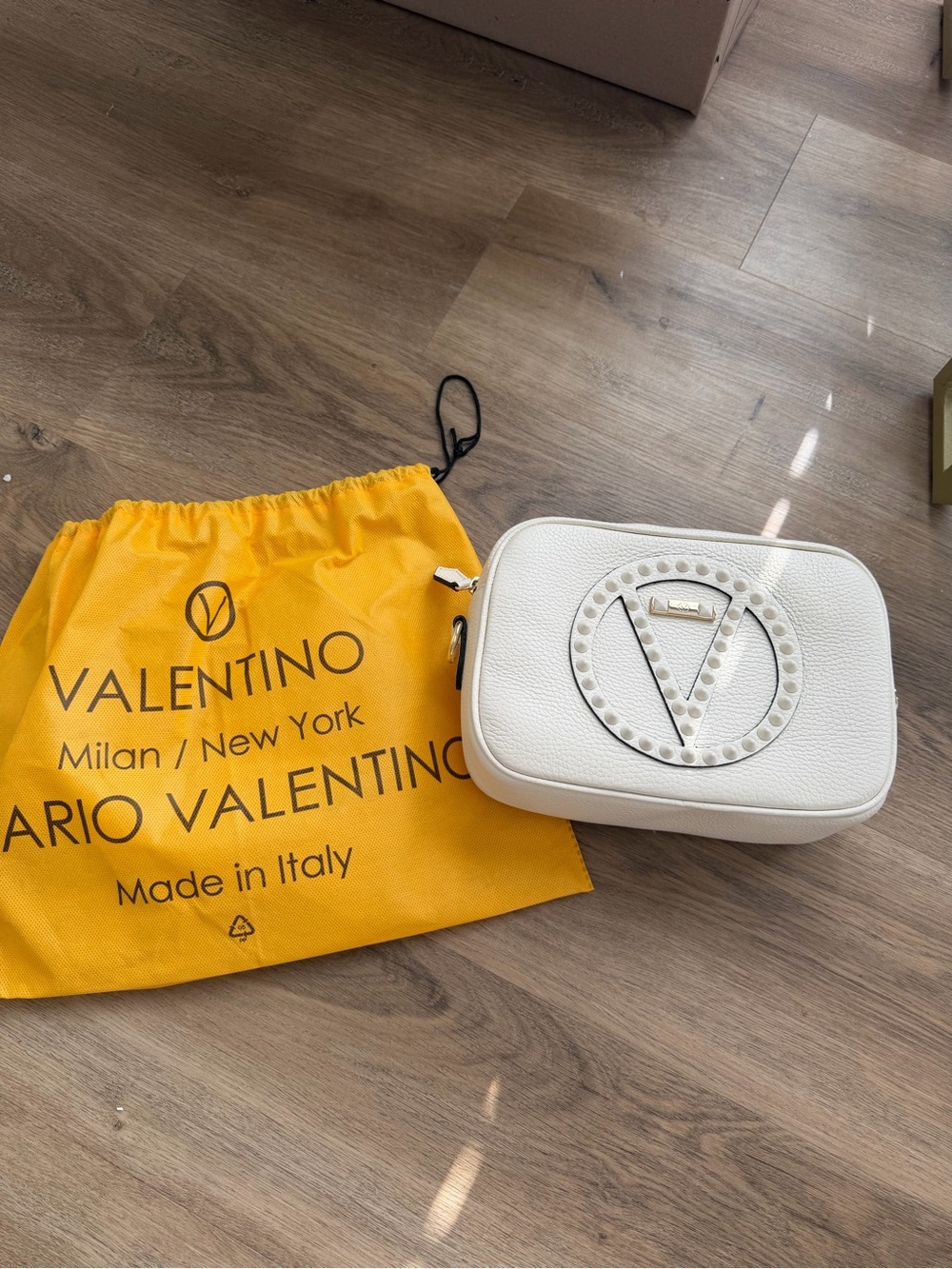 Valentino White Pebbled Leather V-Studded Crossbody Bag